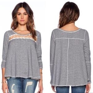 Free People Indigo Cut Out Rope Striped Lace Up Pullover Top